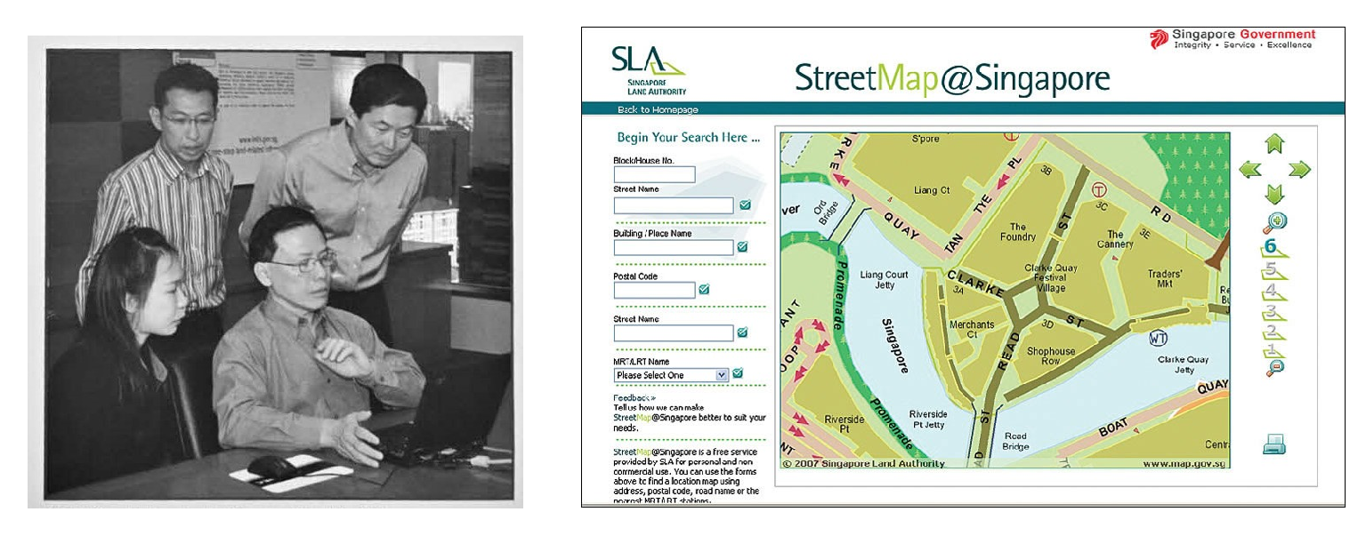 Mr Ng (in stripes) was at the launch of LandQuery and StreetMap@Singapore with then Senior Minister of State for Law and Home Affairs, Mr Ho Peng Kee (seated and in glasses)